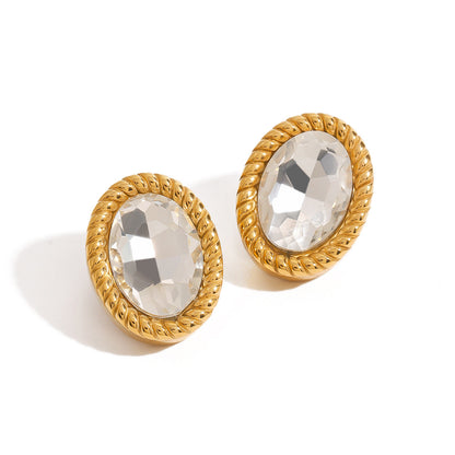 Design 18K Gold Stainless Steel Oval Glass Stone Earrings